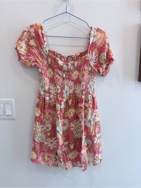 Roxy Pink Floral Smocked Casual Dress